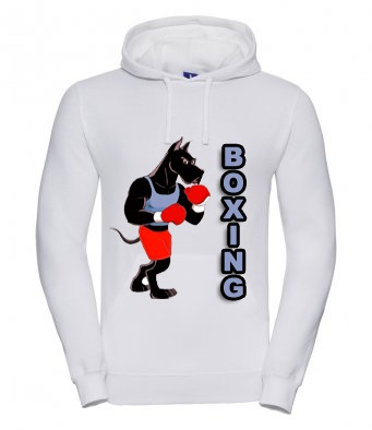 weißer Hoodie mit boxenden Hund
