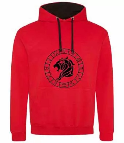 Kontrastfarben Hoodie rot/schwarz mit Sternzeichen Löwe