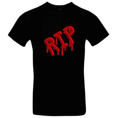 schwarzes bedrucktes T Shirt mit roter RIP Aufschrift