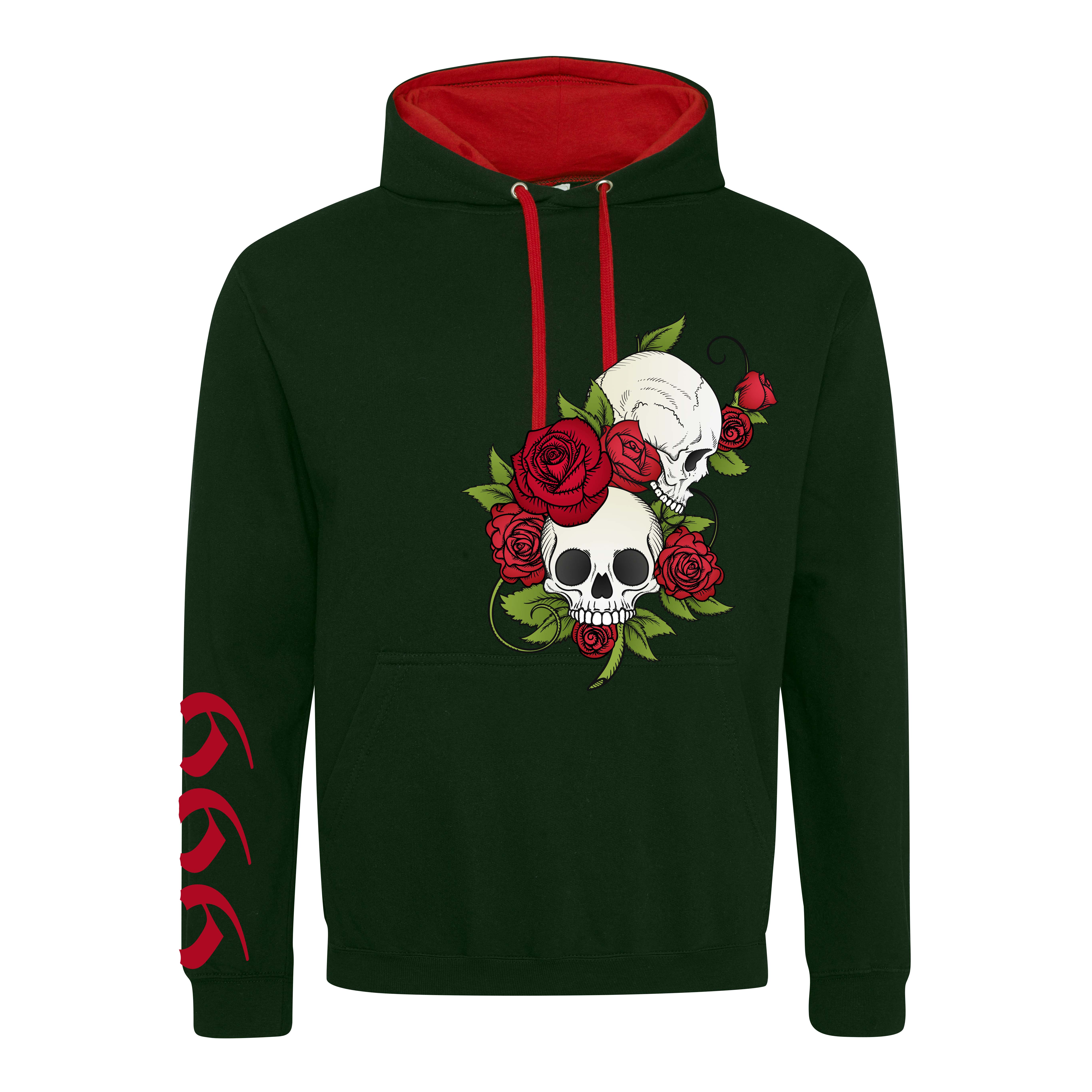 schwarzer Hoodie mit Totenkopf und Schrift auf dem Arm S - XL