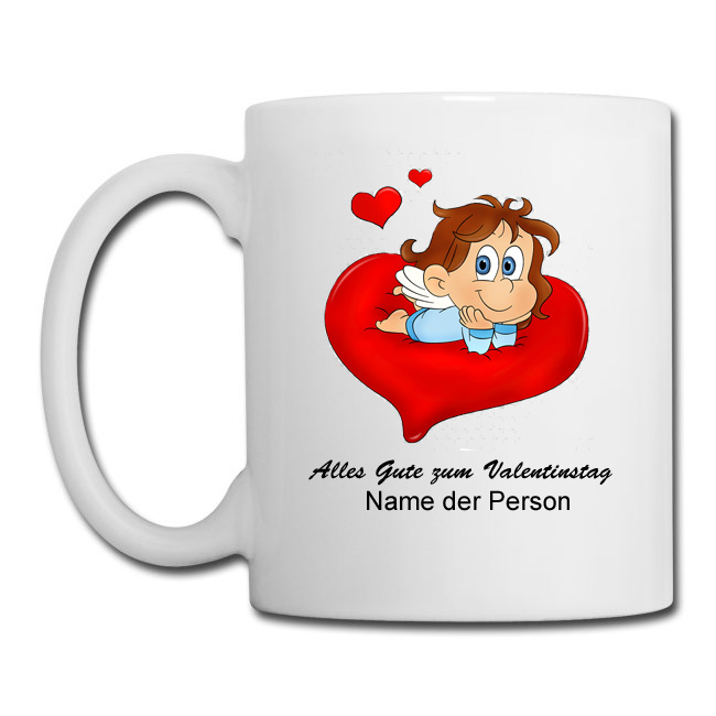 Bedruckte Tasse zum Valentinstag mit Engel auf Herzwolke