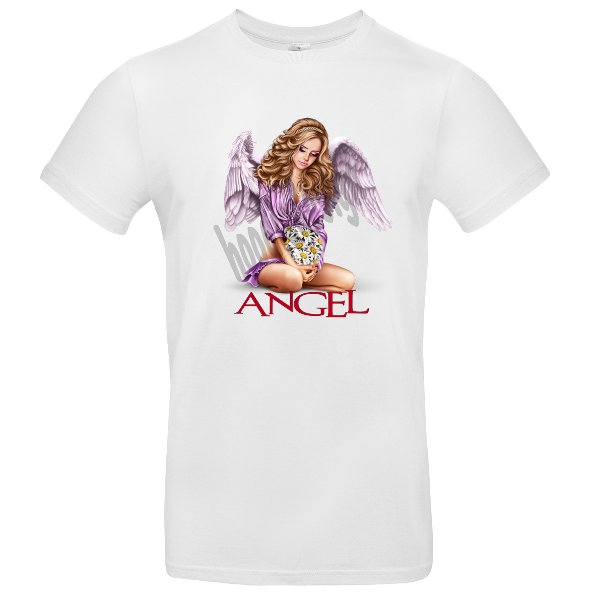 weißes T Shirt mit Angel Aufschrift und Frau mit Engelsflügeln