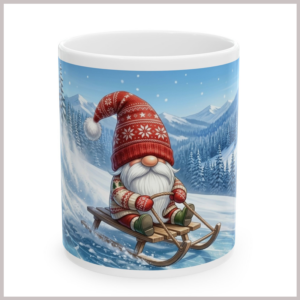 Tasse mit Wichtel auf dem Schlitten
